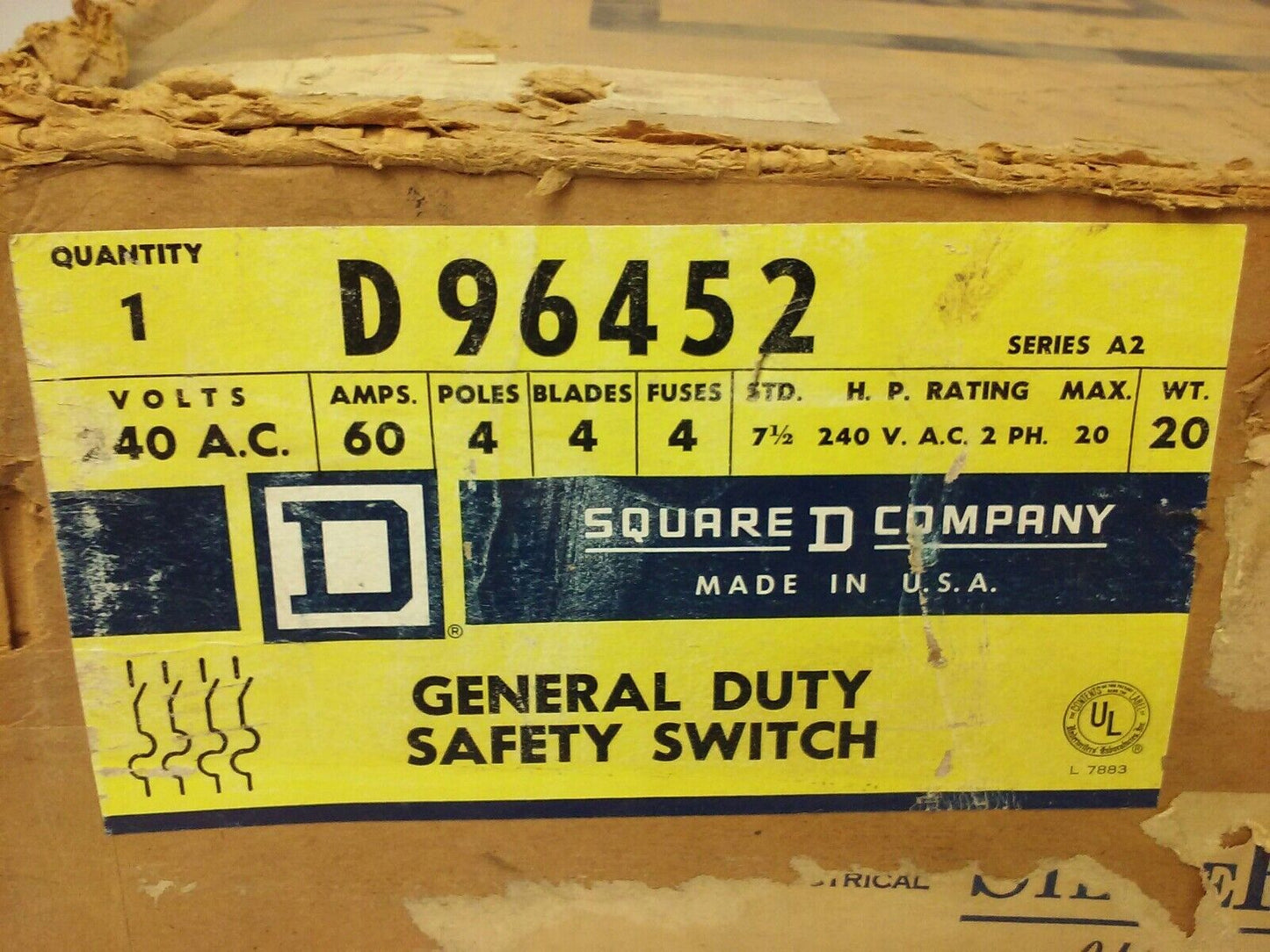 SQ. D D96452 SER. A2 SAFETY SWITCH, 60A, 240V, 2PH, MAX H.P. 20, FUSIBLE, NEW