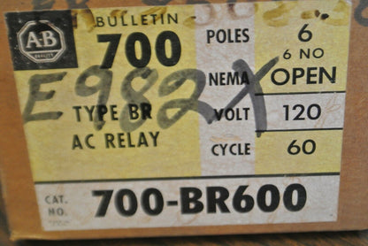 ALLEN-BRADLEY 700-BR600 TYPE BR AC RELAY 6 N.O. / 120V, 60Hz / NEW SURPLUS