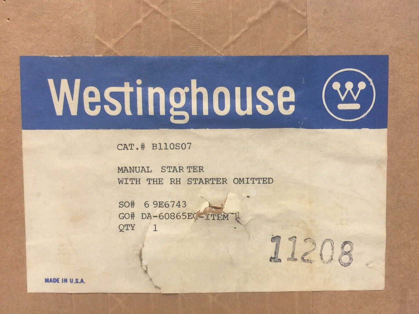 WESTINGHOUSE B110S07 MANUAL STARTER WITH THE RH STARTER OMITTED