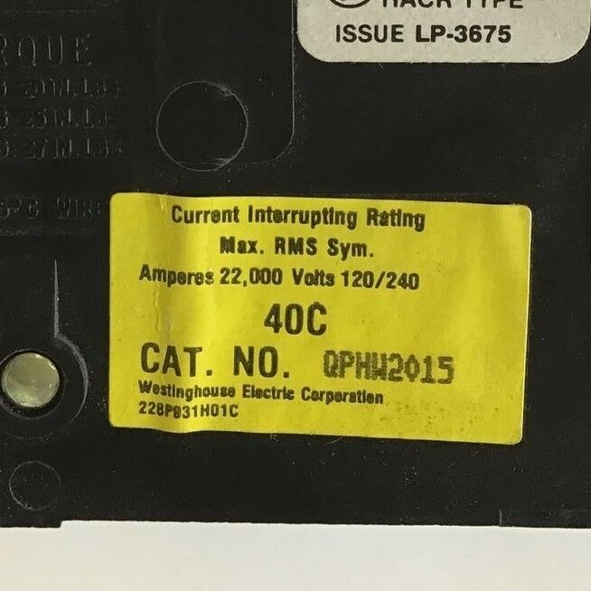 WESTINGHOUSE QPHW2015 CIRCUIT BREAKER 120/240VAC 2POLE  QUICKLAG