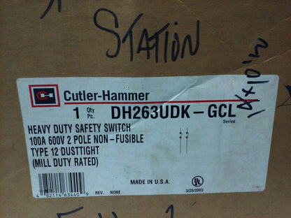 CUTLER HAMMER DH263UDK-GCL, H.D. SAFETY SWITCH, 100A, 600V,2P, TYPE 12 DUSTTIGHT