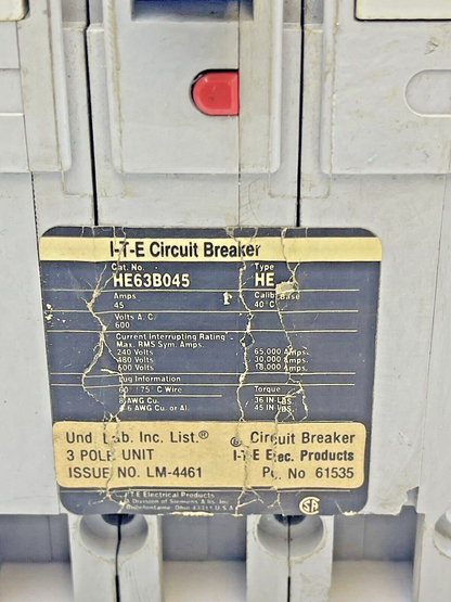 ITE - SIEMENS - HE63B045 - CIRCUIT BREAKER - 45A, 600 VAC, 3 POLE - TYPE HE