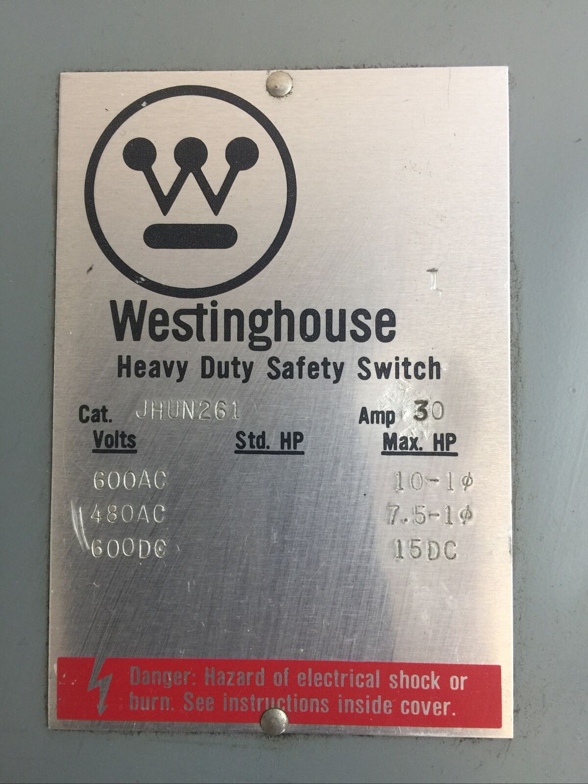 WESTINGHOUSE JHUN261 NON FUSIBLE SAFETY SWITCH 600V 30A 15HP TYPE 12 DUST-TIGHT