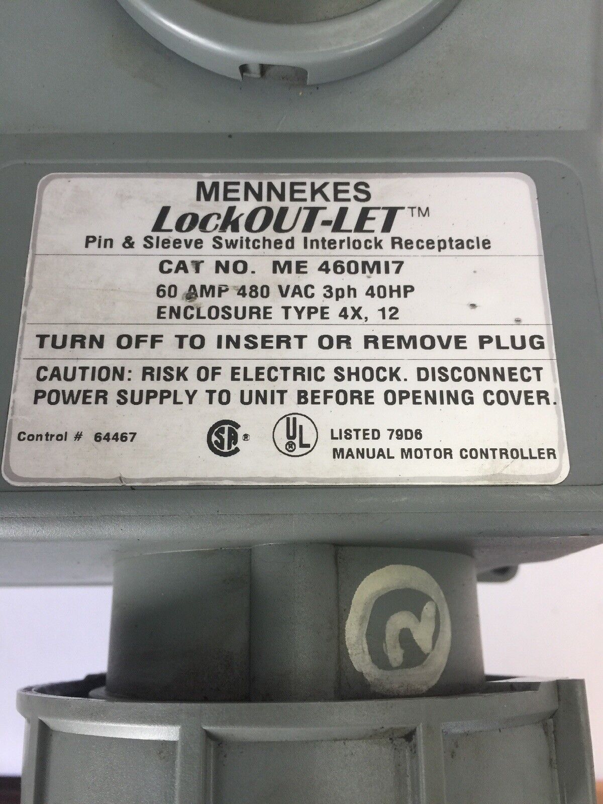 MENNEKES ME 460M17 LOCK OUT-LET PIN & SLEEVE SWITCHED INTERLOCK RECEPTACLE 60AMP