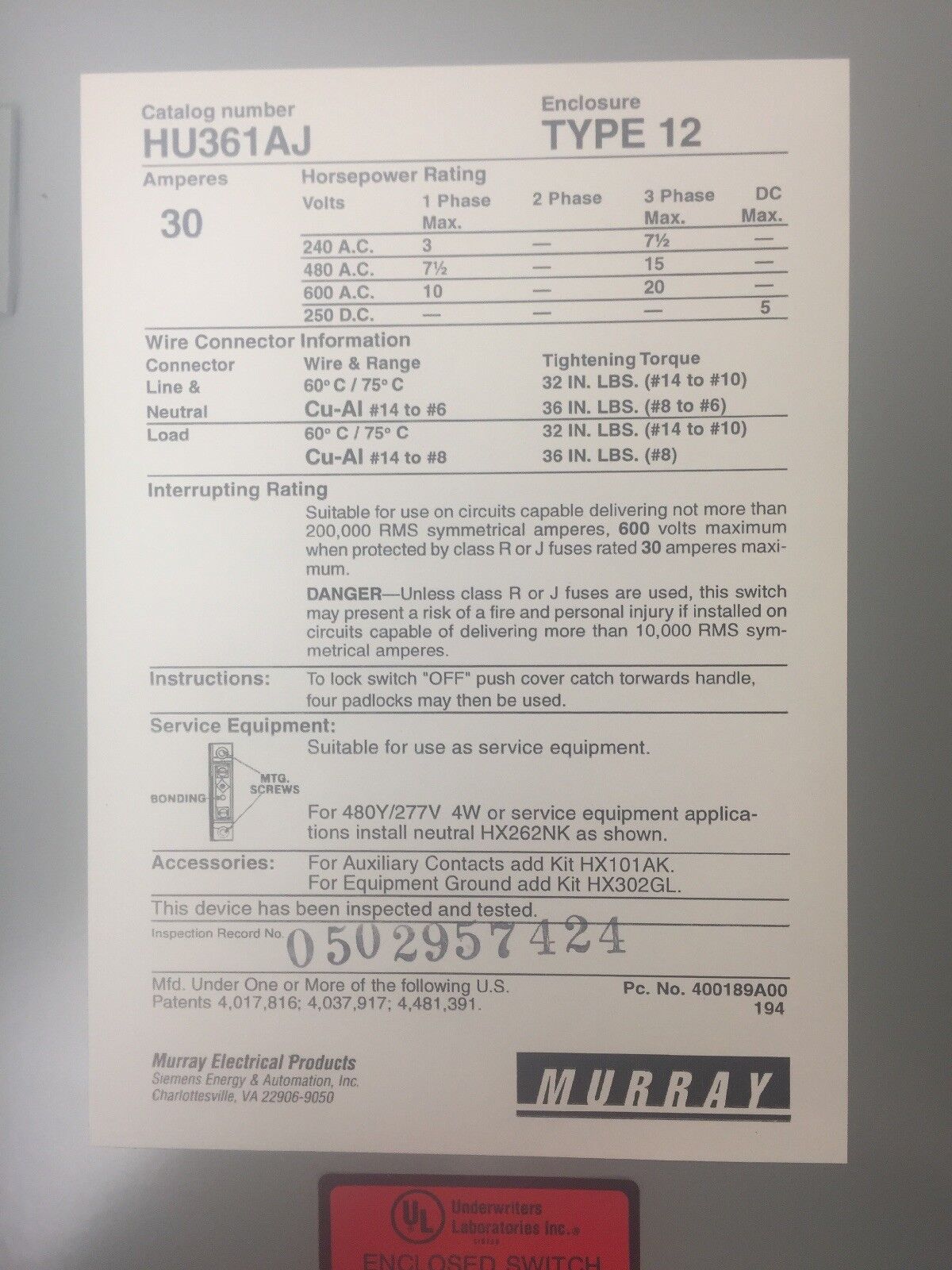 MURRAY HU361AJ HEAVY DUTY ENCLOSED SWITCH 30AMP 600VAC 3 PHASE 20HP TYPE 12