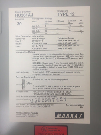 MURRAY HU361AJ HEAVY DUTY ENCLOSED SWITCH 30AMP 600VAC 3 PHASE 20HP TYPE 12