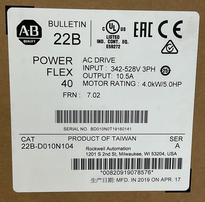 ALLEN BRADLEY 22B-D010N104 POWER FLEX 40 SER A AC DRIVE FRN 7.02 OUTPUT 10.5A