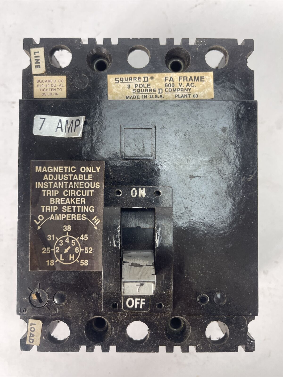 SQUARE D FHL3600712M CIRCUIT BREAKER 7AMP 600VAC 3POLE ADJ INST TRIP 18-58A