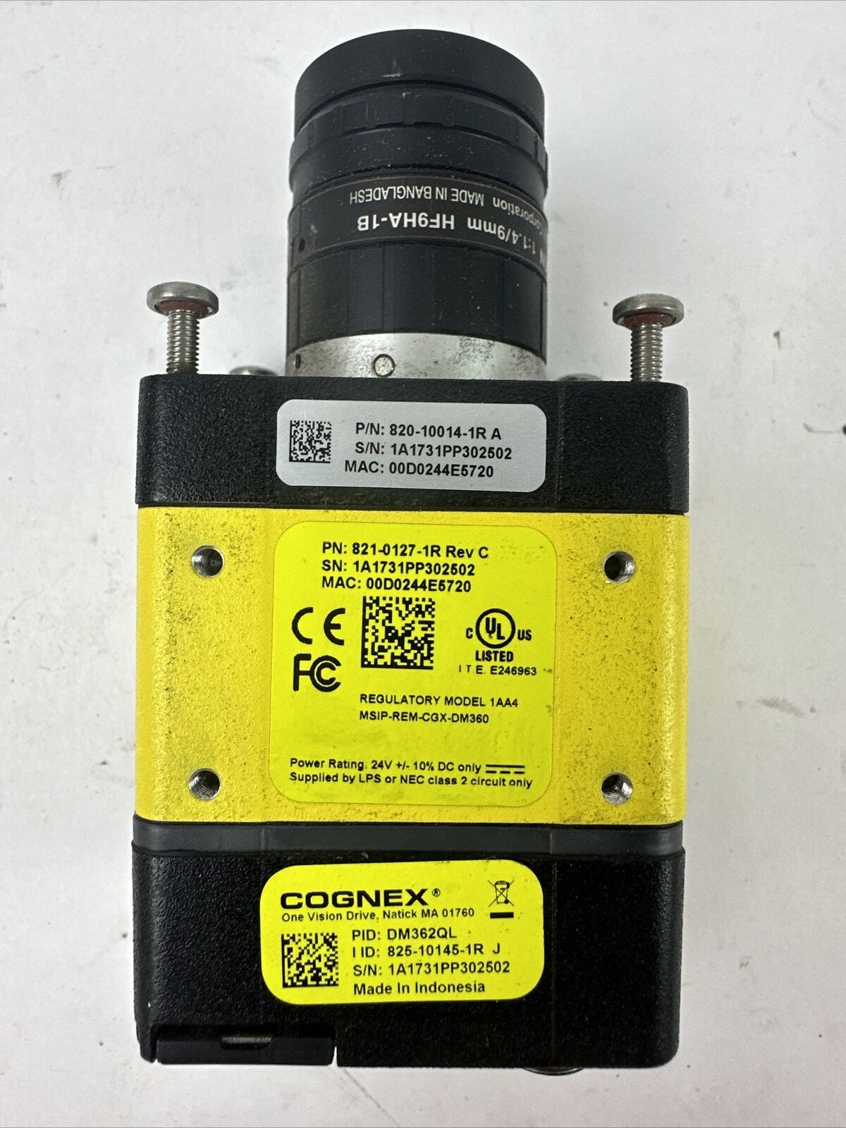 COGNEX 820-10014-1R A BARCODE SCANNER HF9HA-1B CAMERA LENS 821-0127-1R REV C