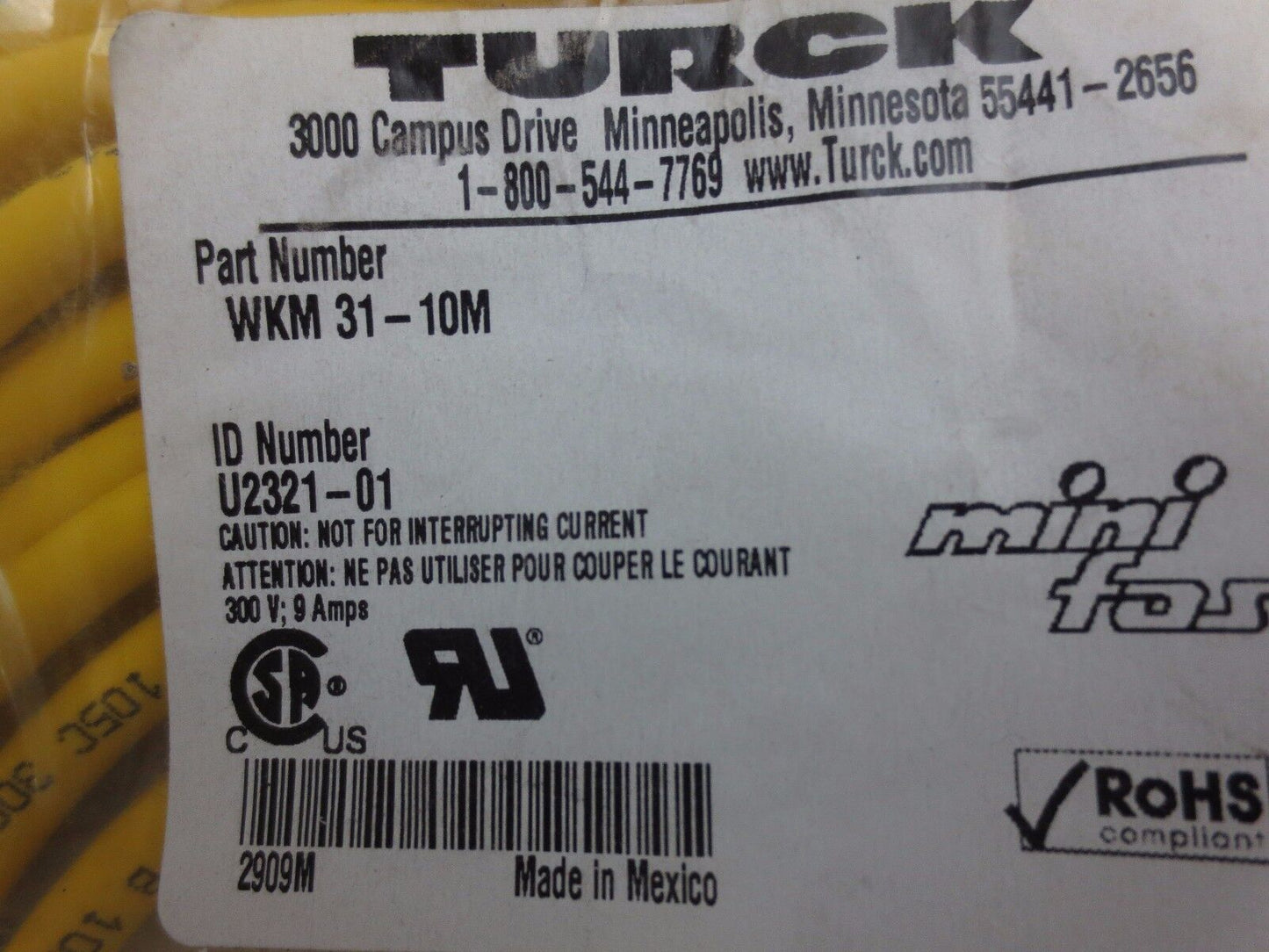 TURCK WKM31-10M / U2321-01 MINI-FAST 90-DEGREE CORDSET - 600V, 9A - NEW SURPLUS