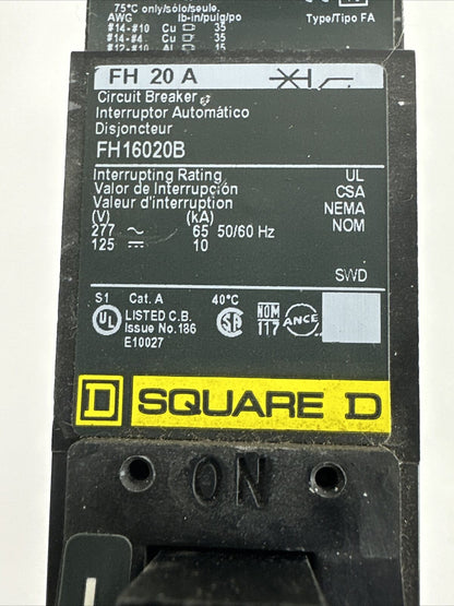 SQUARE D FH16020B CIRCUIT BREAKER 20AMP 277VAC 125VDC 1POLE