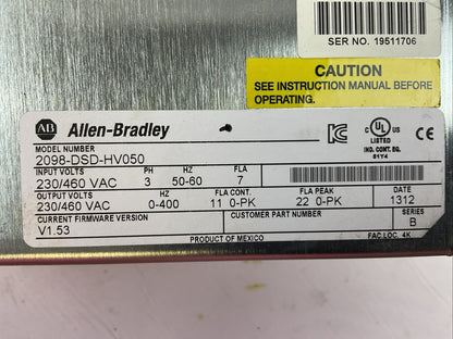 ALLEN BRADLEY 2098-DSD-HV050 AC SERVO DRIVE FIRMWARE VERSION V1.53 230/460V 3PH