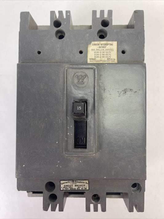 WESTINGHOUSE HFA3015 AB DE-ION CIRCUIT BREAKER 15AMP 3POLE 600VAC 504C748G17