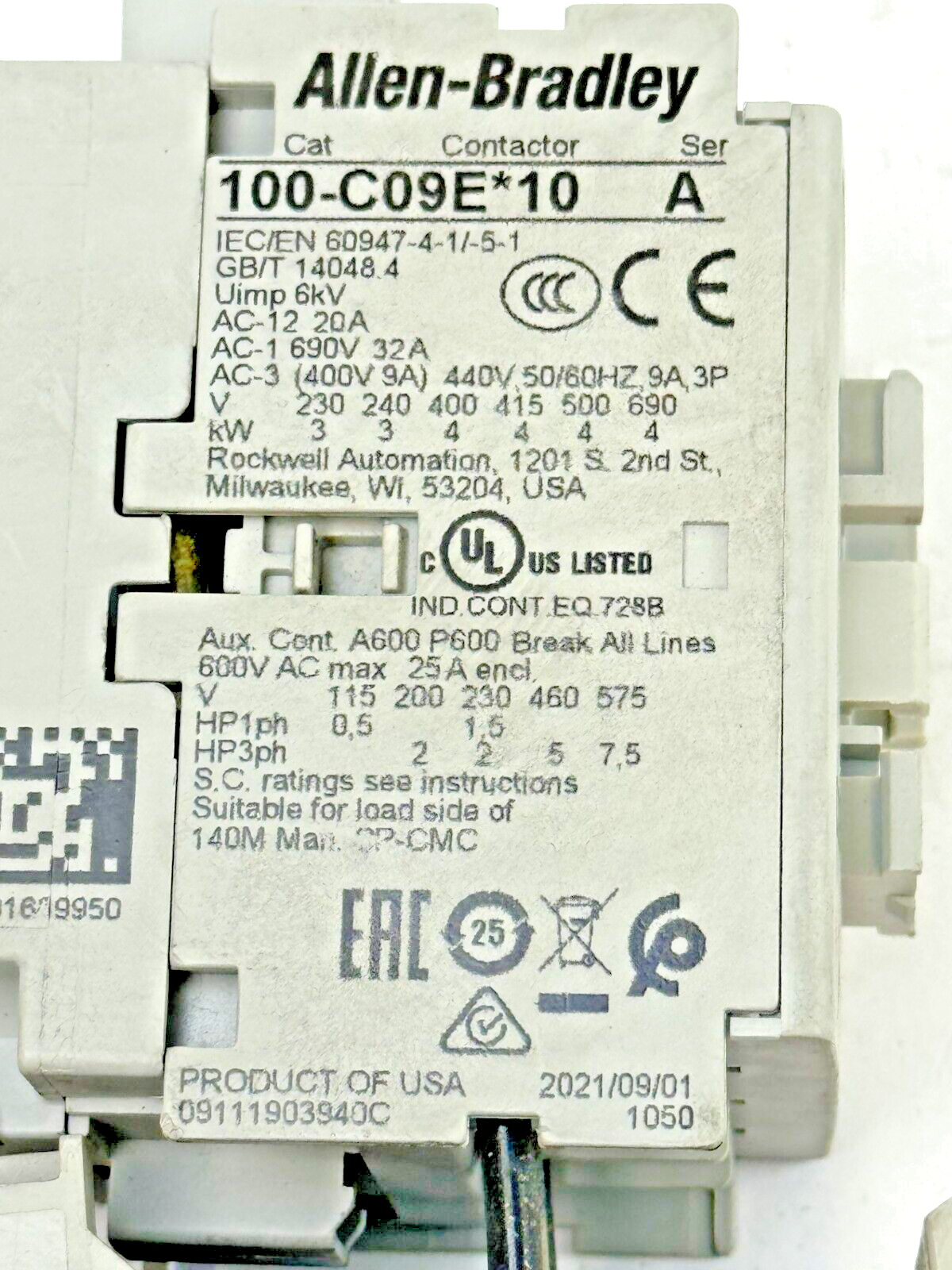 ALLEN-BRADLEY 100-C09D*10 SER. A CONTACTOR W 24VDC COIL & 193-EA1DB SER. B RELAY
