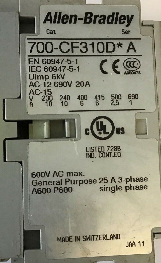 ALLEN BRADLEY 700-CF310D*A CONTACTOR SER.A 600VAC W/ 100S-F SER.B GUARD MASTER