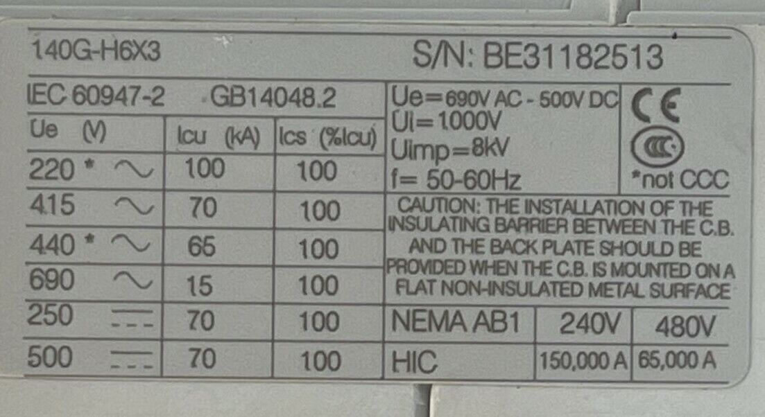 ALLEN BRADLEY 140G-H6C3-C60-FB SER A CIRCUIT BREAKER 240/480/600VAC 3P 140G-H6