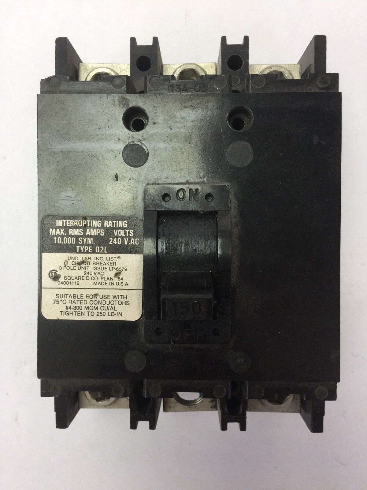 SQUARE D Q2L3150 CIRCUIT BREAKER 240VAC 150A 3 POLE