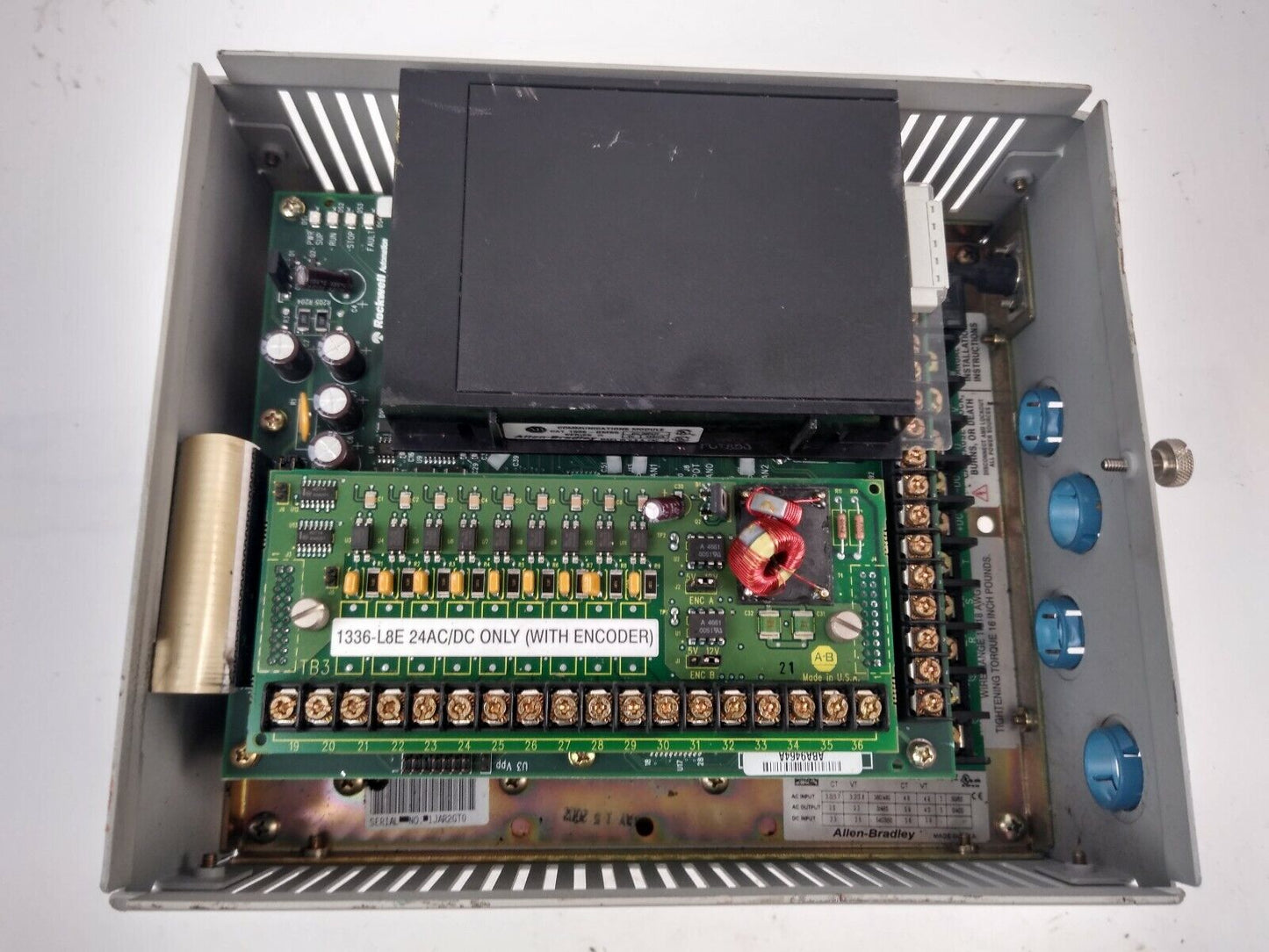 ALLEN BRADLEY 1336F-BRF20-AA-EN-GMS5-L8E AC DRIVE 480V 3PH W/ 1336-GMS5 SER. A