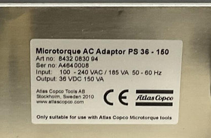 ATLAS COPCO PS 36-150 MICROTORQUE AC ADAPTOR OUTPUT 36VDC 150VA INPUT 100-240VAC