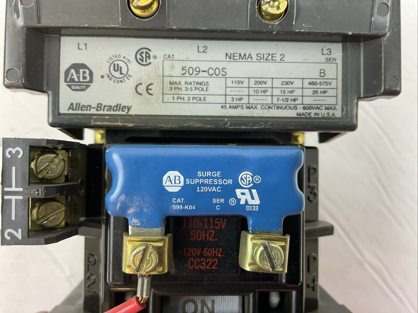 ALLEN BRADLEY 509-COS SIZE 2 STARTER 600VAC 45AMP SER B 3PH 25HP COIL 120V 60HZ