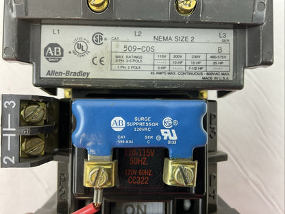 ALLEN BRADLEY 509-COS SIZE 2 STARTER 600VAC 45AMP SER B 3PH 25HP COIL 120V 60HZ