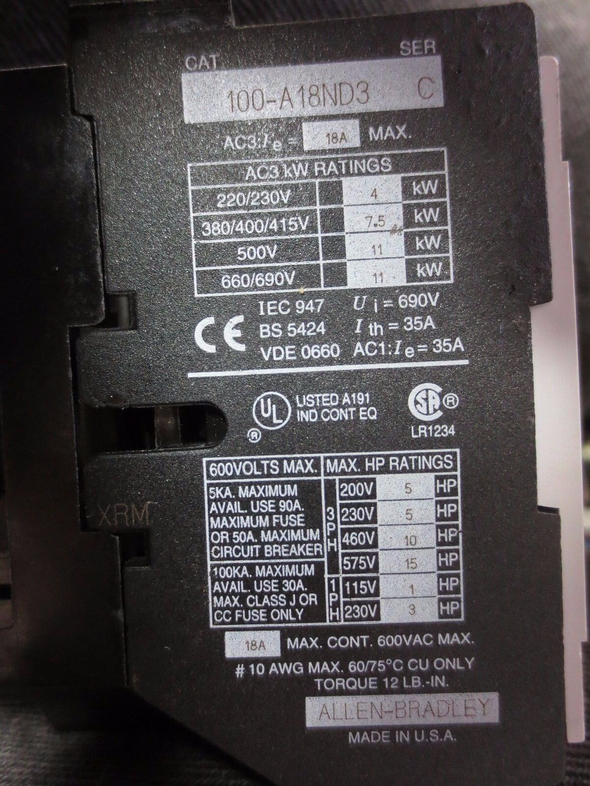 ALLEN-BRADLEY 100-A18ND3 Ser. C / CONTACTOR 18A, 3-P, 460VAC, 110/120VAC COIL