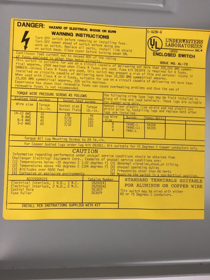 POWER MASTER H222SNK HEAVY DUTY SAFETY SWITCH 60A 240V 3 WIRE S/N FUSIBLE TYPE 1