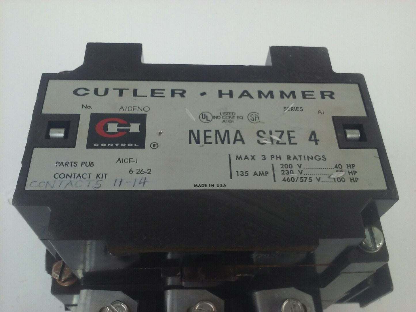 CUTLER HAMMER A10FN0 SER. A1 STARTER SIZE 4 3P 135A 575V 100HP 120V COIL C320TE