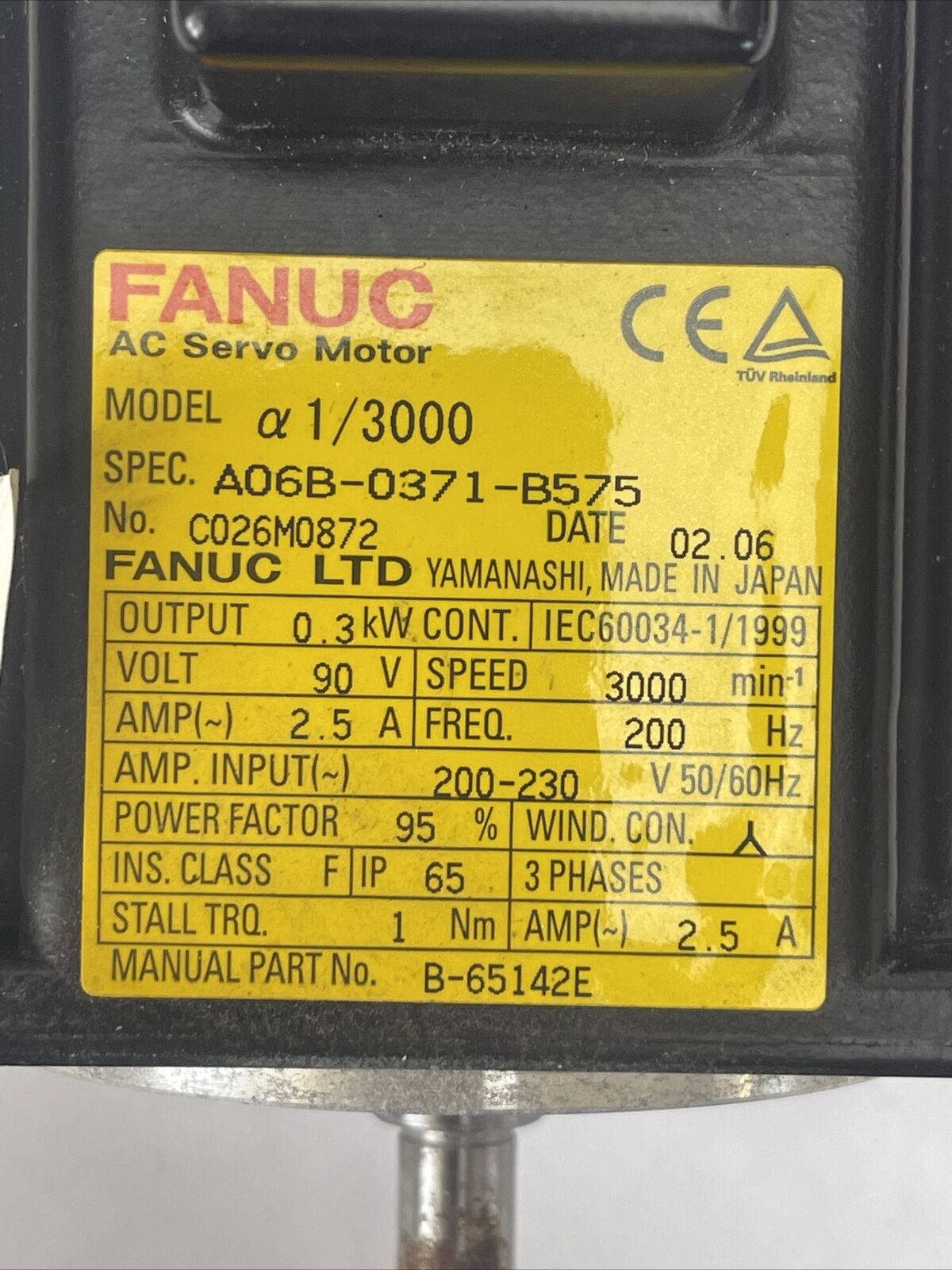 FANUC A06B-0371-B575 AC SERVO MOTOR OUTPUT 90VAC 2.5A A860-0360-T001 PULSECODER