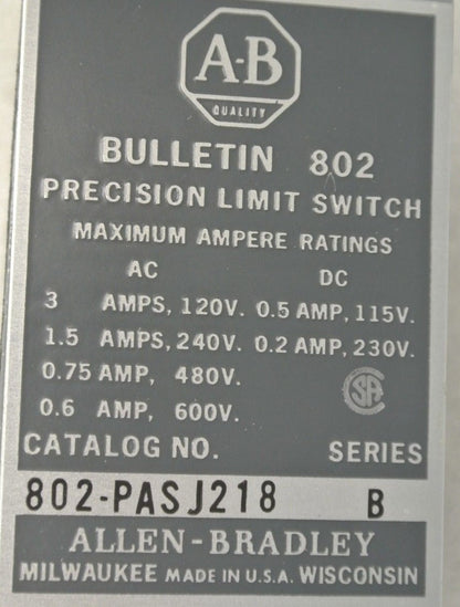 ALLEN-BRADLEY 802-PASJ218 PRECISION LIMIT SWITCH / PUSH ROLLER / NEW SURPLUS