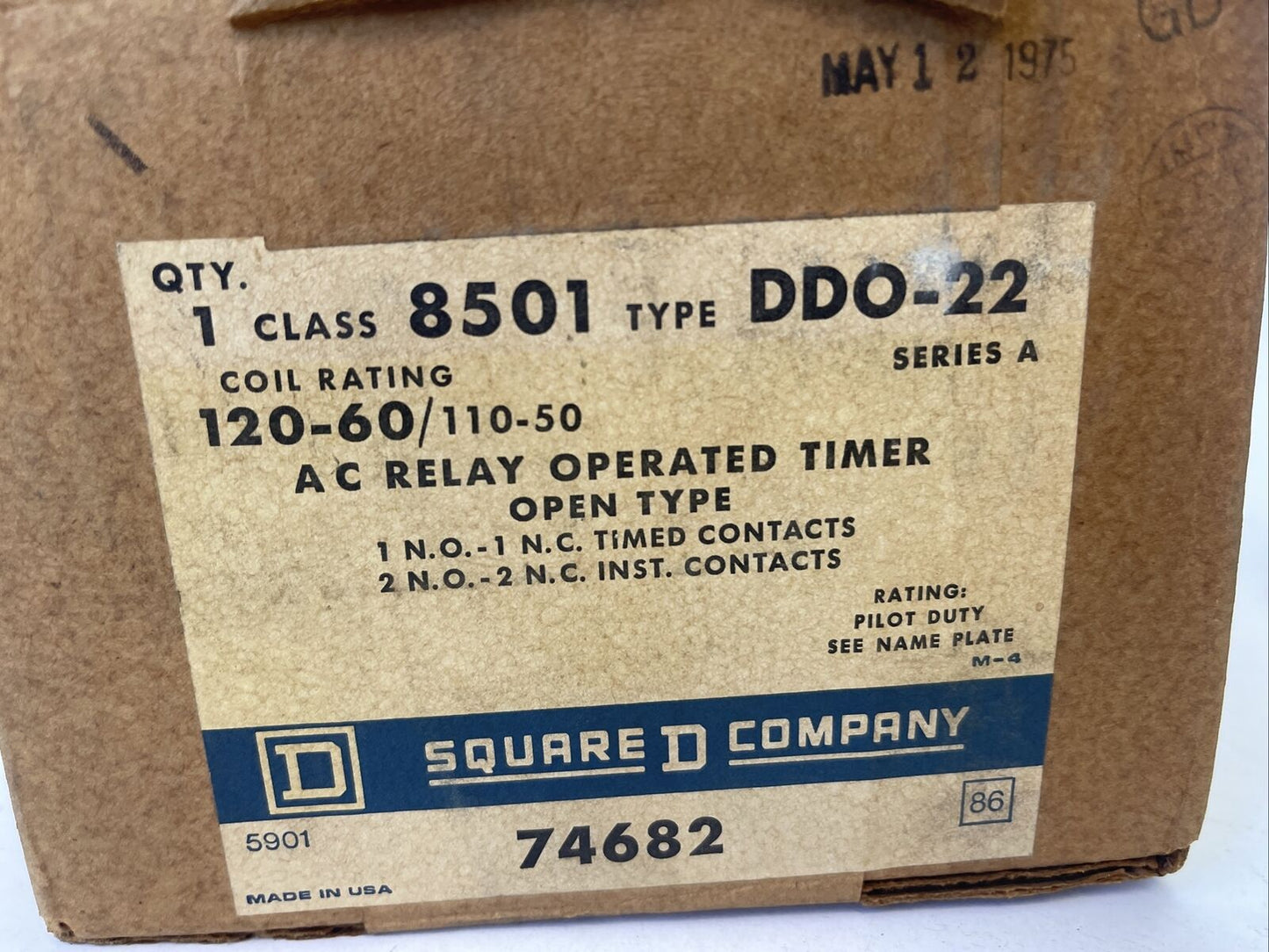 SQUARE D 8501 DD0-22 AC RELAY OPERATED TIMER 600VAC 10A SERIES A COIL 120V 60HZ