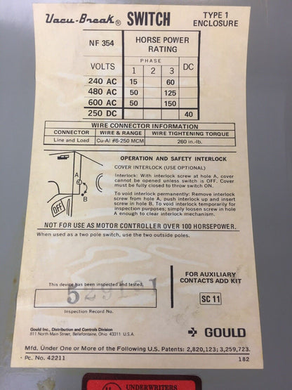 GOULD NF354 VACU-BREAK SWITCH WITH CLAMPMATIC CONTACTS 200 AMPS 600 VAC 3 PHASE