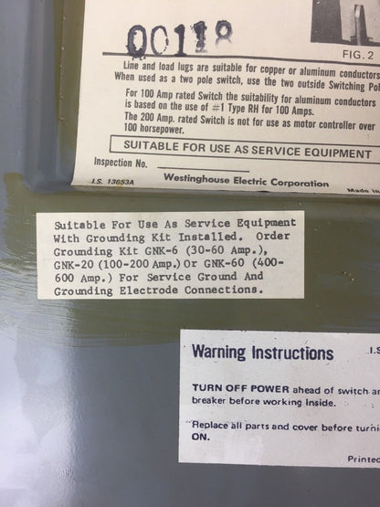 WESTINGHOUSE JHU221 HEAVY DUTY SAFETY SWITCH 240 VAC 250 VDC 30 AMP