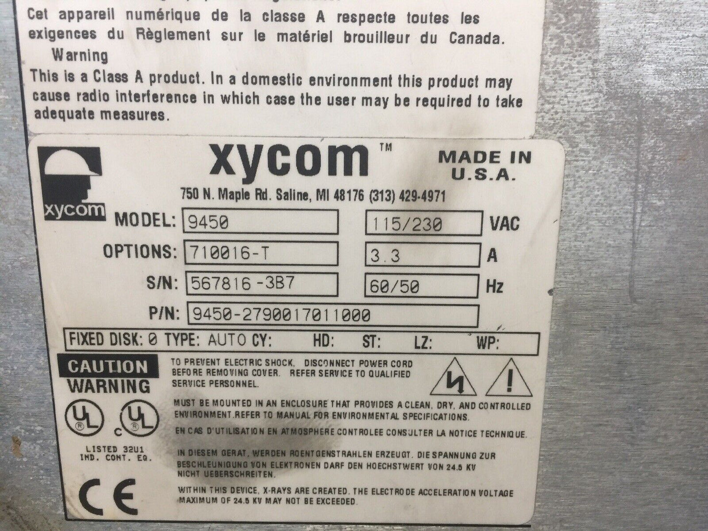 XYCOM 9450 AUTOMATION INTERFACE SCREEN MONITOR 115/230VAC 3.3A OPTION 710016-T