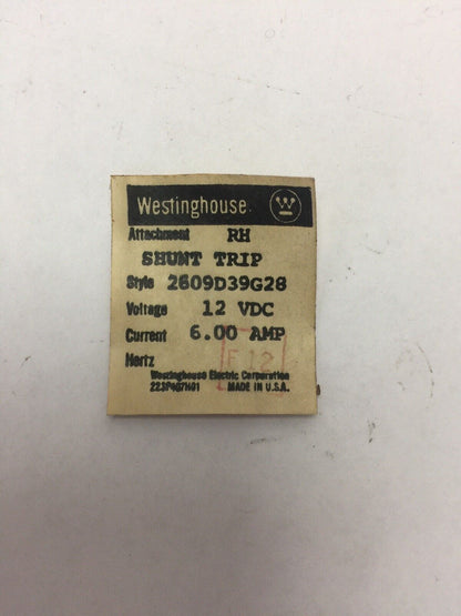 WESTINGHOUSE/CUTLER HAMMER 2609D39G28 RH SHUNT TRIP 12VDC 6AMP