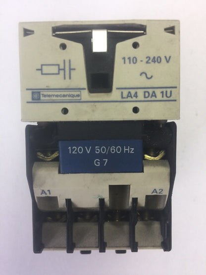 TELEMECANIQUE CA2DN40 CONTACTOR COIL 120V 60HZ LA4DA1U SUPRESSOR LA1DN04 AUXILIA