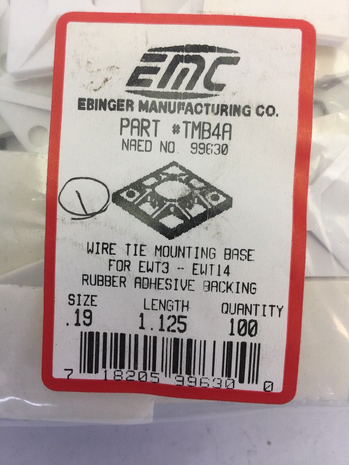 EMC TMB4A WIRE TIE MOUNTING BASE SIZE 0.19 LENGTH 1.125 FOR EWT3 (BAG OF 100)