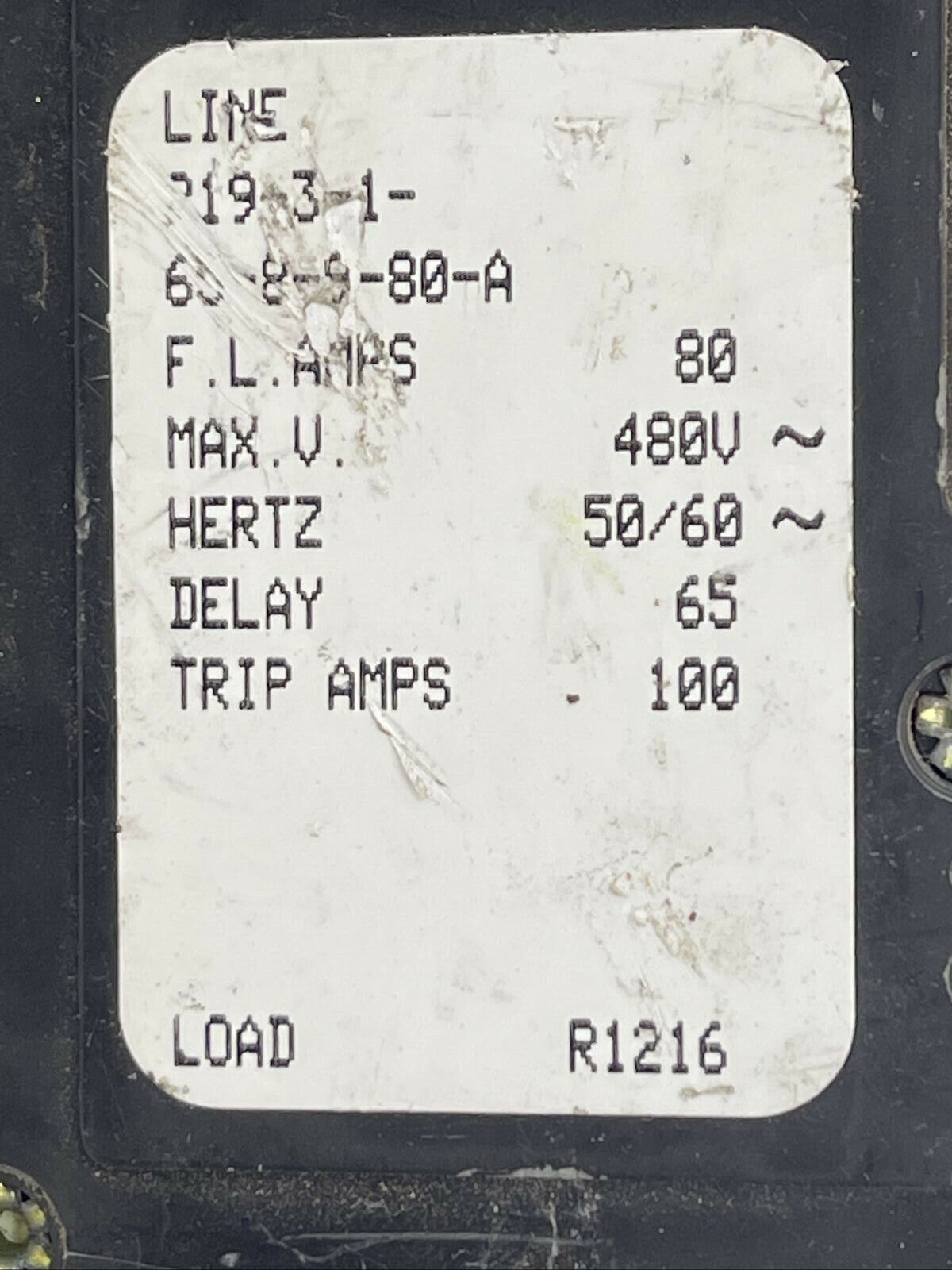 AIRPAX 219-3-1-65-8-9-80-A CIRCUIT BREAKER 80AMP 480VAC 3POLE