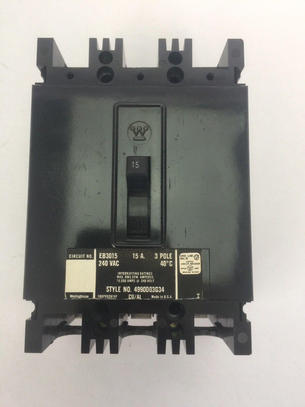 WESTINGHOUSE EB3015 AB DE-ION CIRCUIT BREAKER 15A 240VAC 3 POLE 4990D03G34