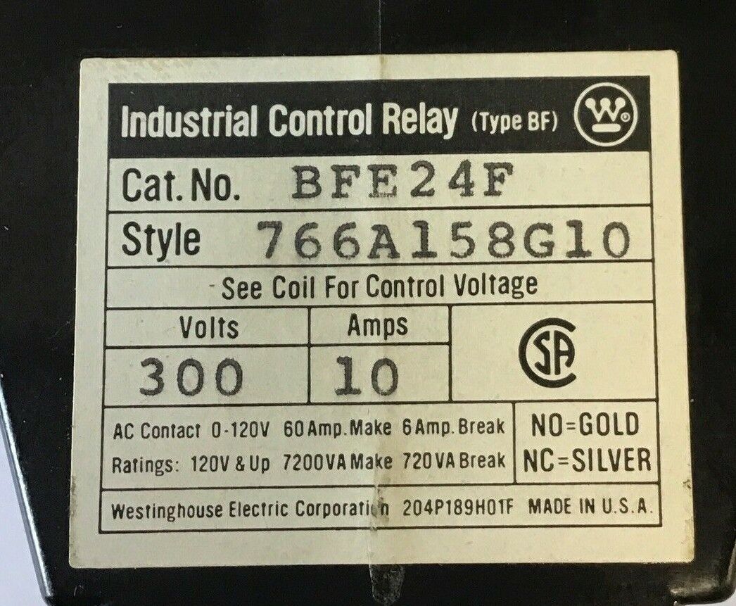 WESTINGHOUSE BFE24F CONTROL RELAY 10AMP 300V TYPE BF