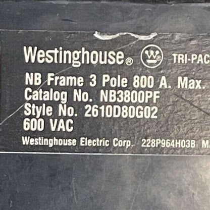 WESTINGHOUSE NB3800PF 600VAC 800A 3P 2610D80G02 MAGNETIC TRIP ADJUSTMENT 400A