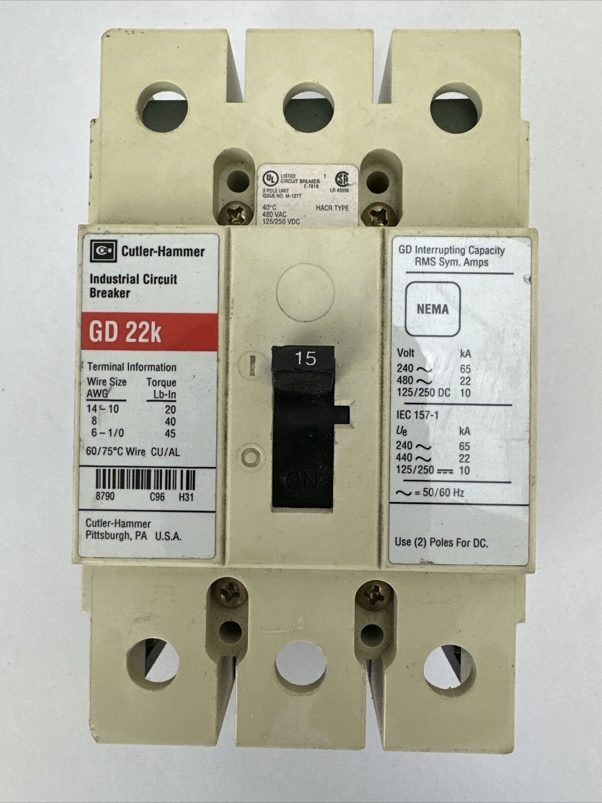 CUTLER HAMMER GD3015 CIRCUIT BREAKER 480VAC 250VDC 3P 15A GD 22K