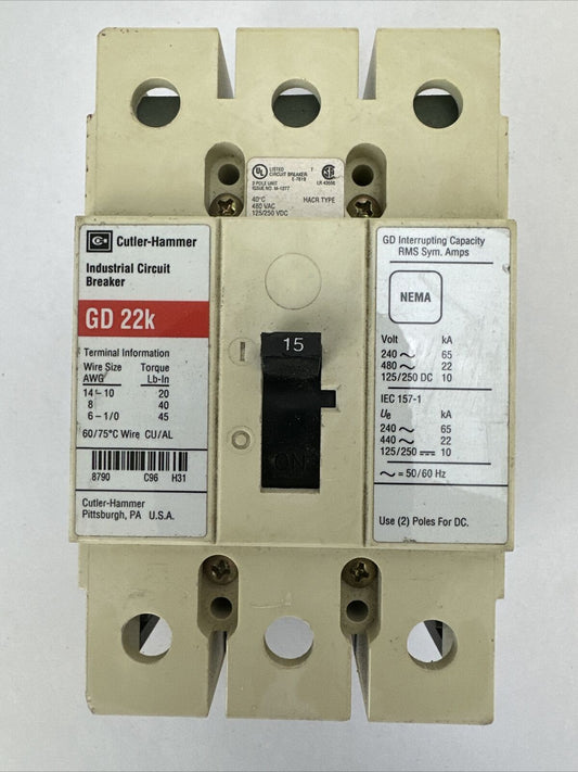 CUTLER HAMMER GD3015 CIRCUIT BREAKER 480VAC 250VDC 3P 15A GD 22K