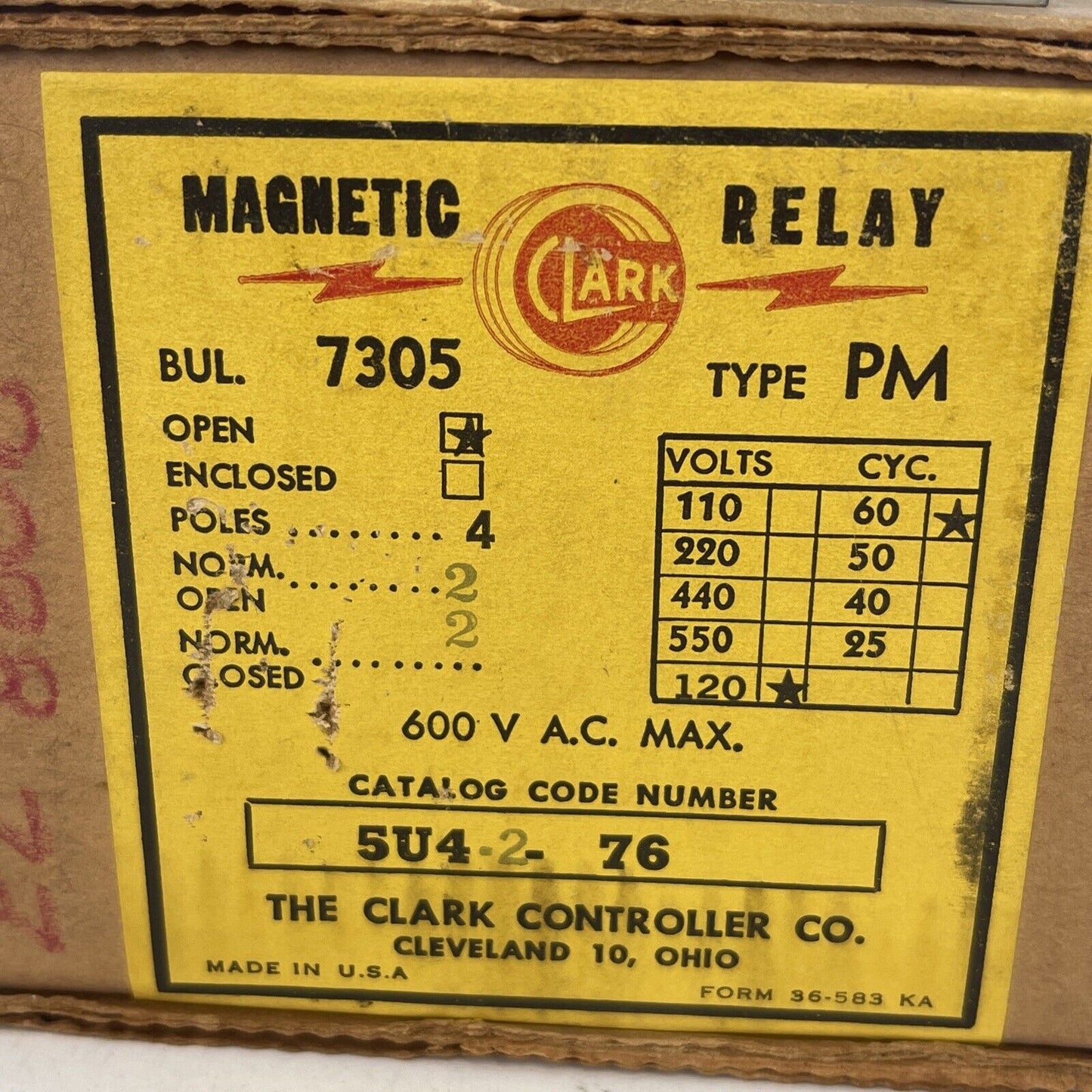 CLARK 5U4-2-76 MAGNETIC RELAY 600VAC 10AMP TYPE PM COIL 120V 60CY