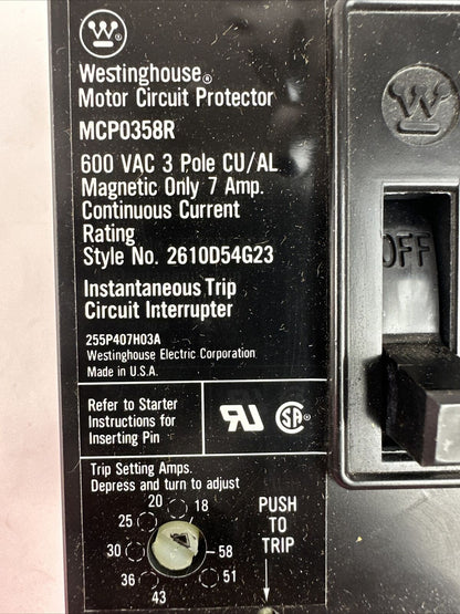 WESTINGHOUSE MCP0358R MOTOR CIRCUIT PROTECTOR 3P 7A 600VAC TRIP RANGE 18-58