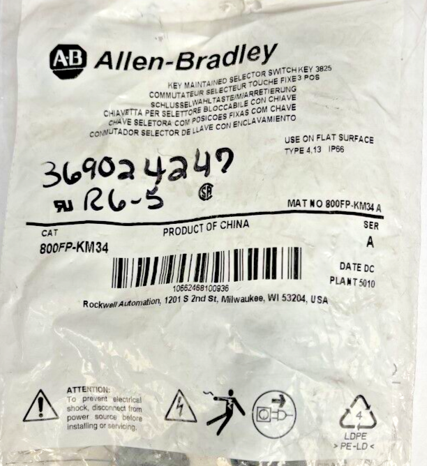 ALLEN BRADLEY - 800FP-KM34 - KEYED SELECTOR SWITCH - SERIES A