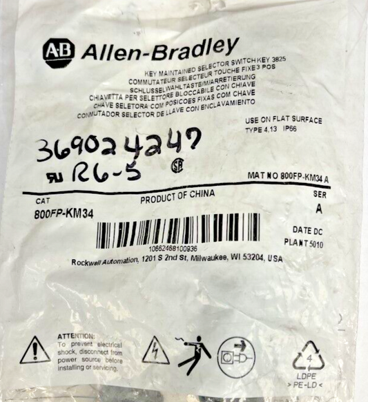 ALLEN BRADLEY - 800FP-KM34 - KEYED SELECTOR SWITCH - SERIES A
