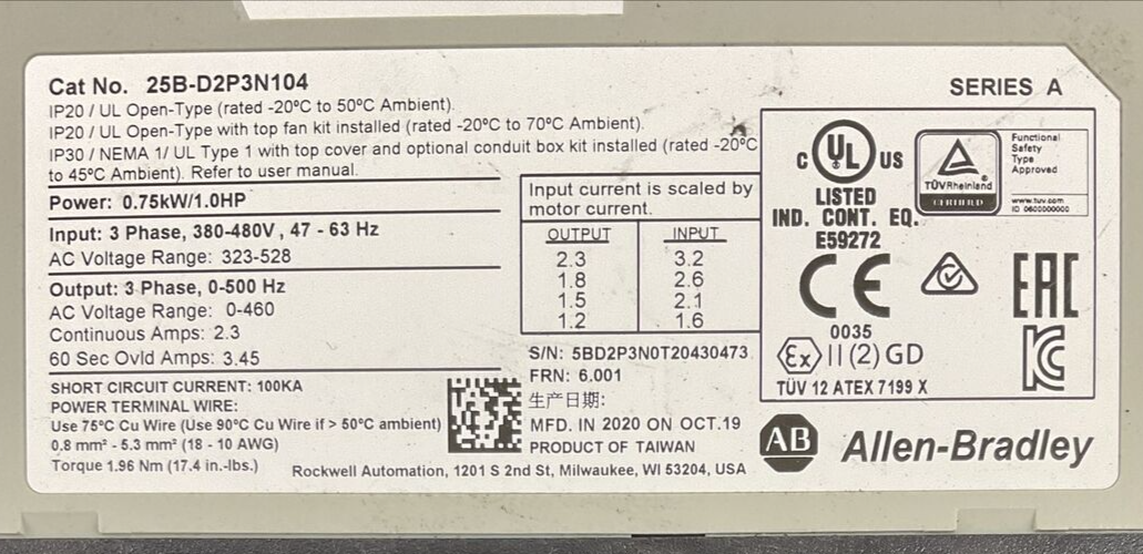 ALLEN BRADLEY 25B-D2P3N104 AC DRIVE FRN 6.001 SER A OUTPUT 0-460VAC