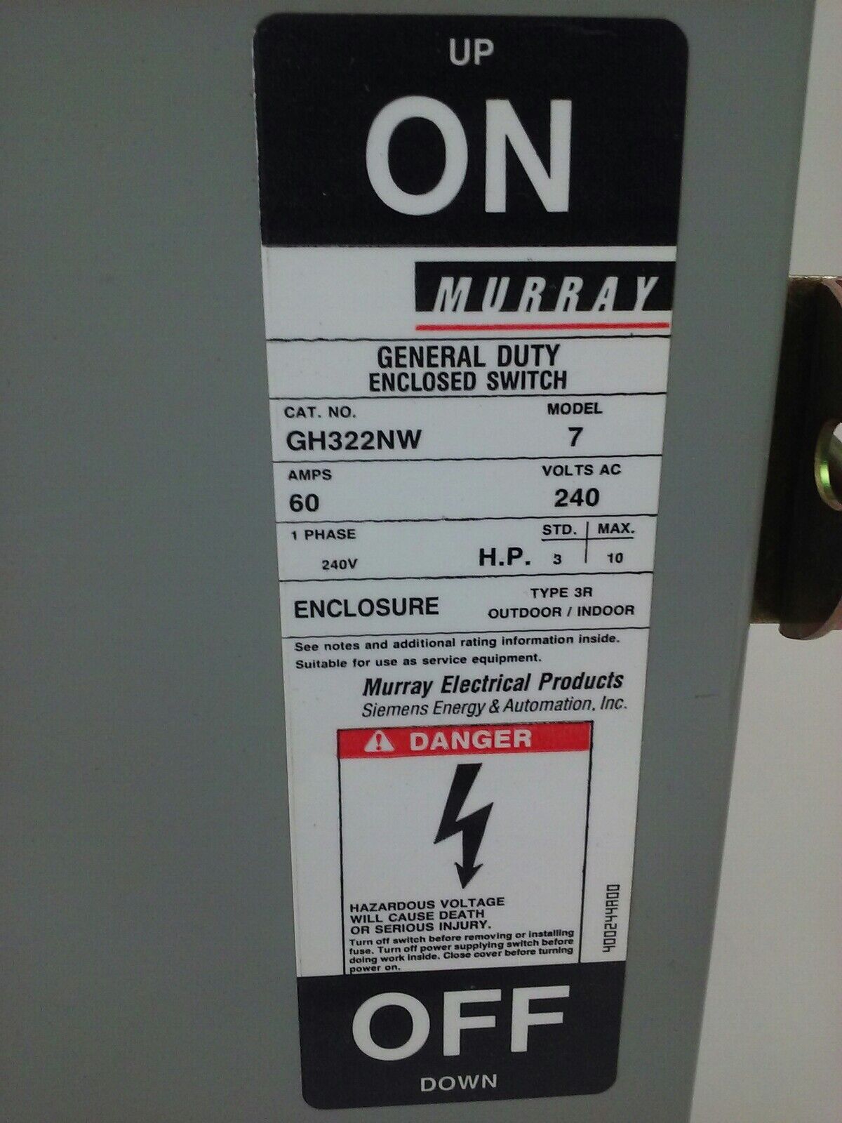 MURRAY GH322NW FUSIBLE SAFETY SWITCH SINGLE THROW 2P, 60A, 240V, 10HP, TYPE 3R