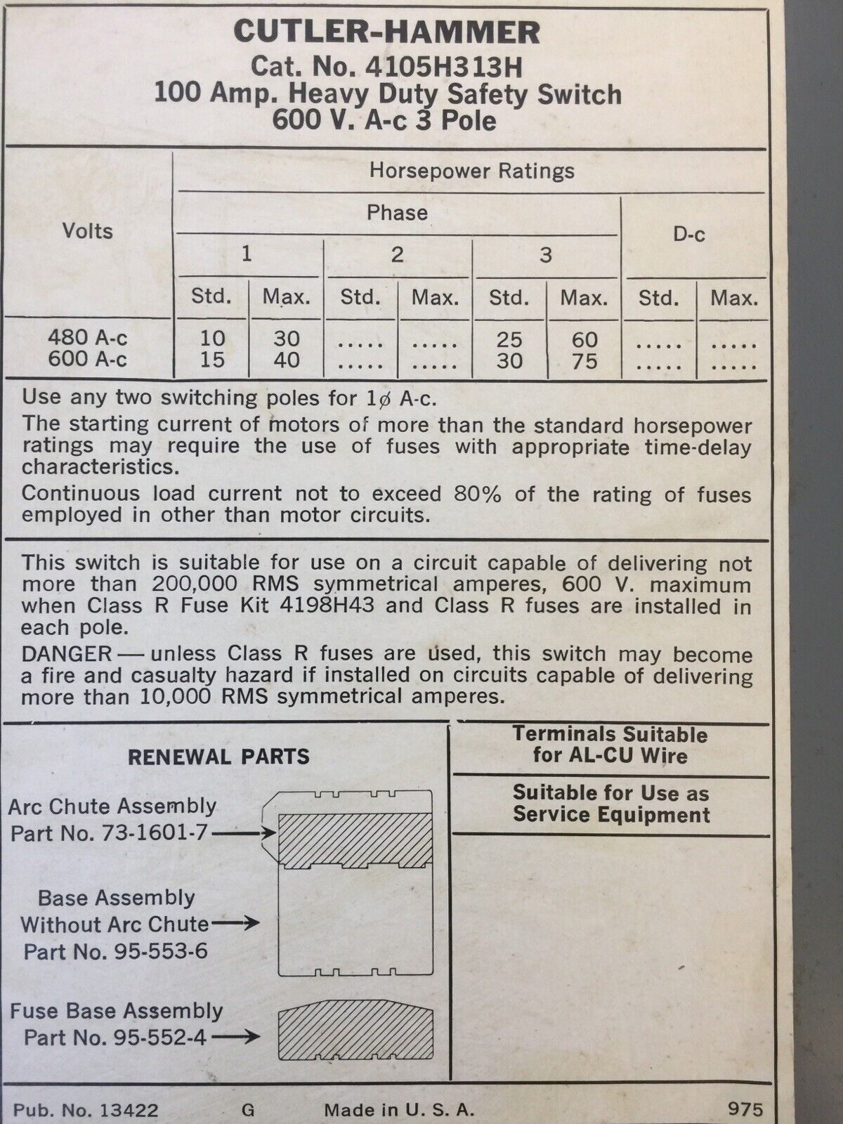 CUTLER HAMMER 4105H313H HEAVY DUTY FUSIBLE SAFETY SWITCH 100A 600VAC 75HP 3P 3PH